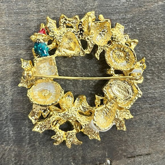 Christopher Radko Signed Christmas Wreath Pin Brooch / Pendant Gold Toned - Picture 6 of 10